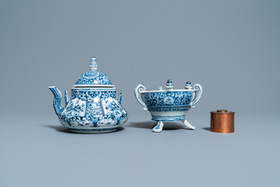 An extremely rare Arita blue and white Delft-style kettle on heating stand, Japan, Edo, ca. 1750