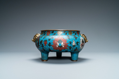 A large Chinese cloisonn&eacute; tripod censer, Ming