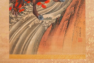 Katsushika Hokusai (Japon, 1760 &ndash; 1849), encre et couleurs sur soie: Ryubi sautant son cheval &agrave; travers un ruisseau, ca. 1834