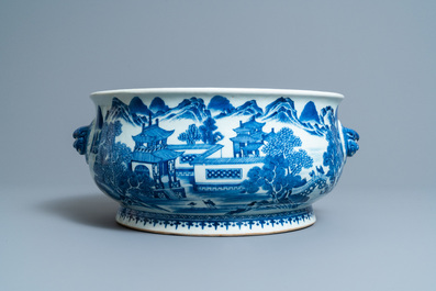 A large Chinese blue and white 'landscape' censer, Qianlong