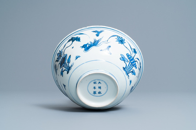 A Chinese blue and white 'mandarin ducks' bowl, Chenghua mark, Wanli