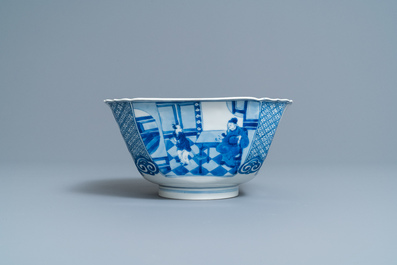 Een vierkante Chinese blauw-witte kom, Xuande merk, Kangxi