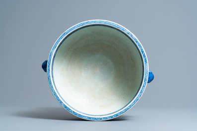 A large Chinese blue and white 'landscape' censer, Qianlong