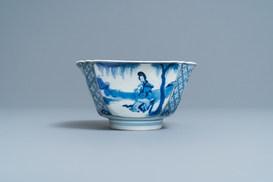 Een vierkante Chinese blauw-witte kom, Chenghua merk, Kangxi