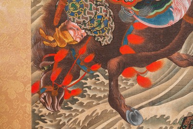 Katsushika Hokusai (Japon, 1760 &ndash; 1849), encre et couleurs sur soie: Ryubi sautant son cheval &agrave; travers un ruisseau, ca. 1834