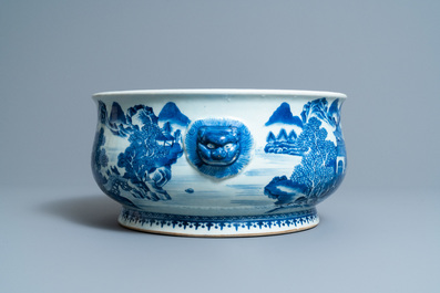 A large Chinese blue and white 'landscape' censer, Qianlong