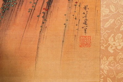 Katsushika Hokusai (Japon, 1760 &ndash; 1849), encre et couleurs sur soie: Ryubi sautant son cheval &agrave; travers un ruisseau, ca. 1834