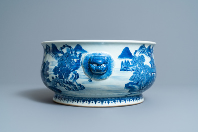A large Chinese blue and white 'landscape' censer, Qianlong