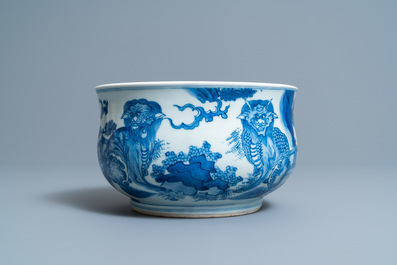 A Chinese blue and white 'mythical beasts' censer, Transitional period