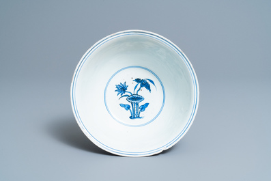 A Chinese blue and white 'mandarin ducks' bowl, Chenghua mark, Wanli