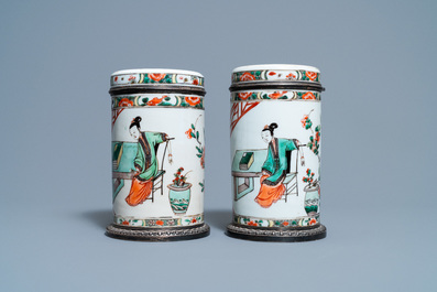 A pair of Chinese silver-mounted cylindrical famille verte covered jars, Kangxi