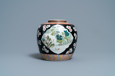 A Chinese black-ground famille rose jar, 19th C.