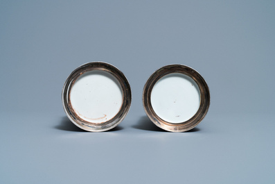 A pair of Chinese silver-mounted cylindrical famille verte covered jars, Kangxi