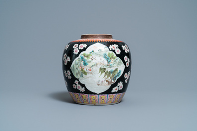 A Chinese black-ground famille rose jar, 19th C.