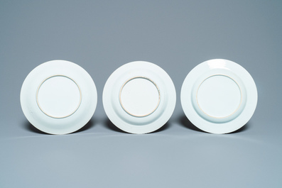 Six Chinese famille rose plates, a teapot, a covered bowl and a cup, 18/19th C.