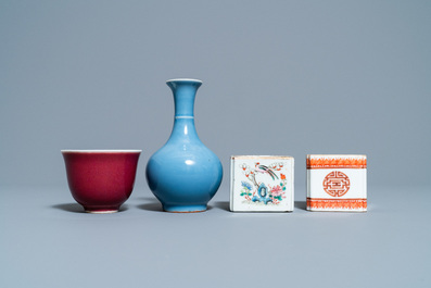 Two Chinese brush washers, a monochrome blue vase and a sang de boeuf-glazed bowl, 19/20th C.