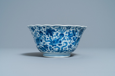 A Chinese blue and white lobed 'carps and crab' bowl, Kangxi