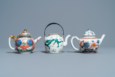 A Chinese famille verte teapot, an Imari-style teapot and an Amsterdam bont teapot, Kangxi and 19th C.