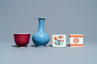 Two Chinese brush washers, a monochrome blue vase and a sang de boeuf-glazed bowl, 19/20th C.