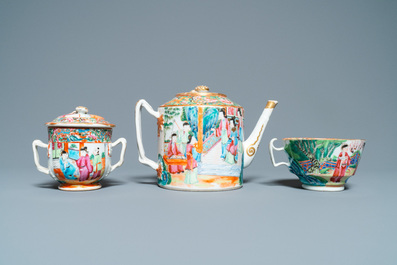 Six Chinese famille rose plates, a teapot, a covered bowl and a cup, 18/19th C.