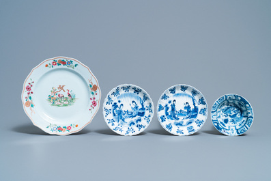 Five Chinese blue and white plates, a famille rose dish and a famille verte vase, Wanli and later