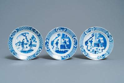 Three Chinese blue and white 'Long Eliza' plates, Jiajing and Xuande marks, Kangxi