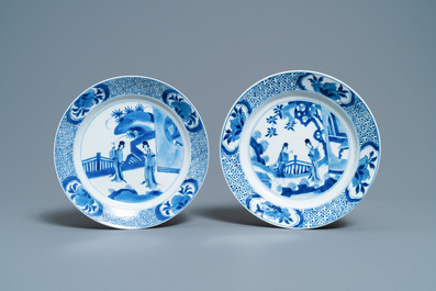 Four Chinese blue and white 'Long Eliza' plates, Kangxi and Jiajing marks, Kangxi
