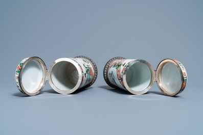 A pair of Chinese silver-mounted cylindrical famille verte covered jars, Kangxi