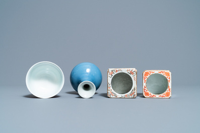 Two Chinese brush washers, a monochrome blue vase and a sang de boeuf-glazed bowl, 19/20th C.