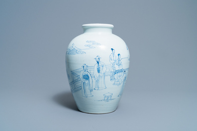 A Chinese blue and white vase with scholars in a landscape, Yongzheng