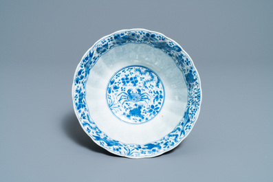 A Chinese blue and white lobed 'carps and crab' bowl, Kangxi