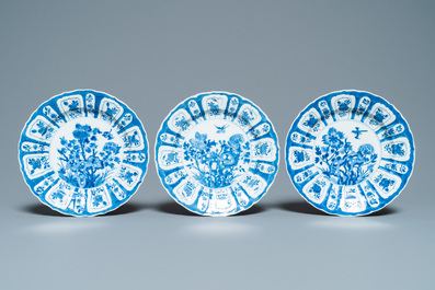 Six Chinese blue and white plates with floral design, Chenghua mark, Kangxi