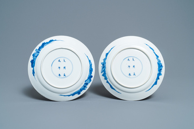 Five Chinese blue and white figurative plates, Kangxi and Chenghua marks, Kangxi