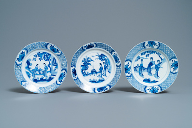 Five Chinese blue and white figurative plates, Kangxi and Chenghua marks, Kangxi