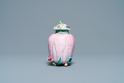 A Chinese famille rose 'lotus' tea caddy and cover, Yongzheng