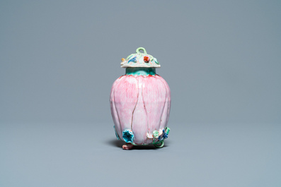 A Chinese famille rose 'lotus' tea caddy and cover, Yongzheng