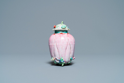 A Chinese famille rose 'lotus' tea caddy and cover, Yongzheng