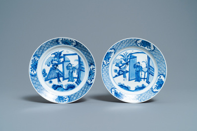 Five Chinese blue and white figurative plates, Kangxi and Chenghua marks, Kangxi