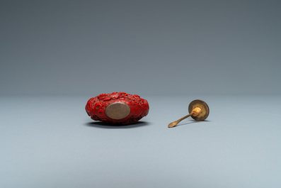 A Chinese carved red cinnabar lacquer 'boys at play' snuff bottle, imperial workshops, Qianlong/Jiaqing