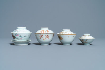 Eight Chinese famille rose and iron-red covered bowls with two stands, 19th C.