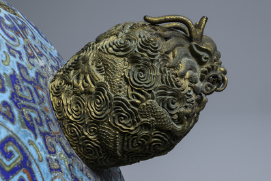 A large Chinese cloisonn&eacute; tripod censer and cover, Qianlong