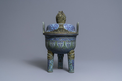 A large Chinese cloisonn&eacute; tripod censer and cover, Qianlong