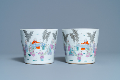 A pair of Chinese famille rose jardini&egrave;res and a Canton famille rose celadon dish, 19th C.