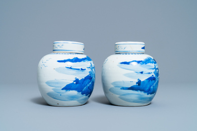 A pair of Chinese blue and white covered jars and a pair of famille rose vases, 19th C.