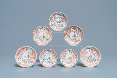 Two Chinese famille rose cups and seven saucers, Yongzheng