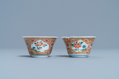 Two Chinese famille rose cups and seven saucers, Yongzheng