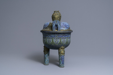 A large Chinese cloisonn&eacute; tripod censer and cover, Qianlong