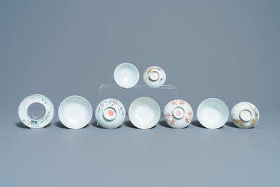 Eight Chinese famille rose and iron-red covered bowls with two stands, 19th C.