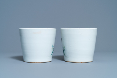 A pair of Chinese famille rose jardini&egrave;res and a Canton famille rose celadon dish, 19th C.