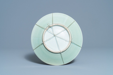 A pair of Chinese famille rose jardini&egrave;res and a Canton famille rose celadon dish, 19th C.
